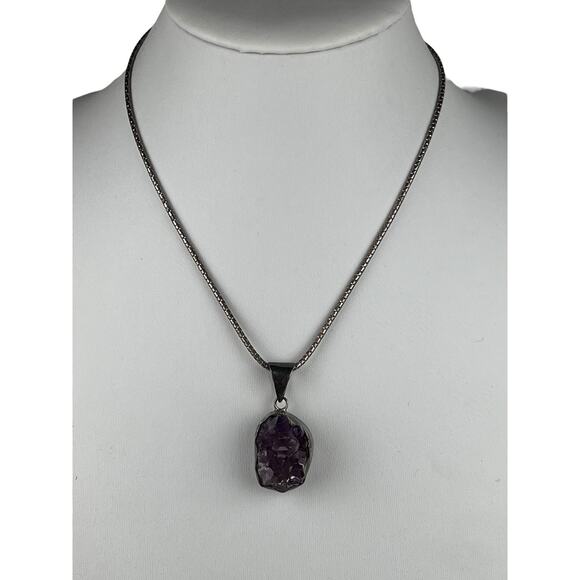 Sterling Silver Necklace 17.75" Snake Chain Amethyst Drusy Pendant - Picture 1 of 11